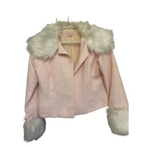 Dreamers Rebels Pink Textured Jacket Faux Fur Collar Cuffs small coquette